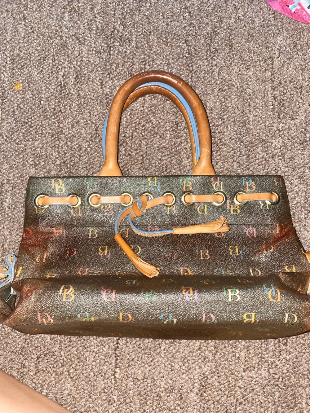 Dooney & Bourke Brown Multicolor Monogram Satchel with Tan Trim